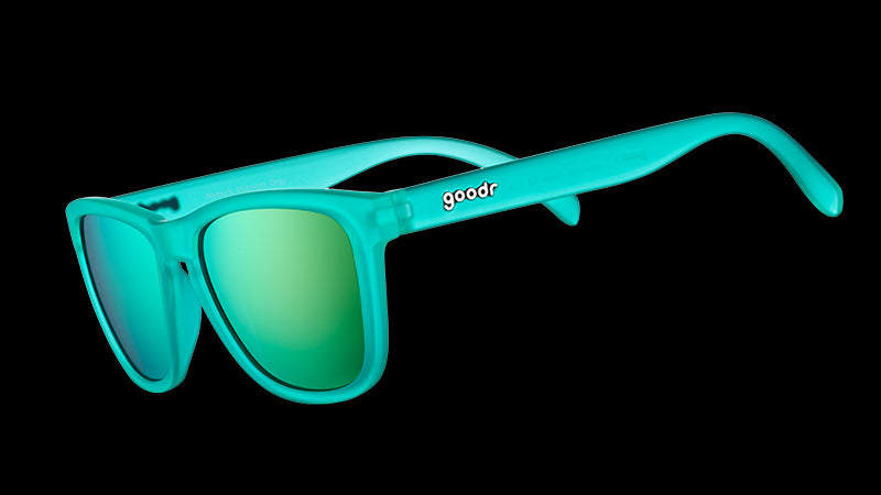 Vue de trois quarts d'angle de lunettes de soleil sarcelle de forme carrée avec des verres polarisants réfléchissants sarcelle.