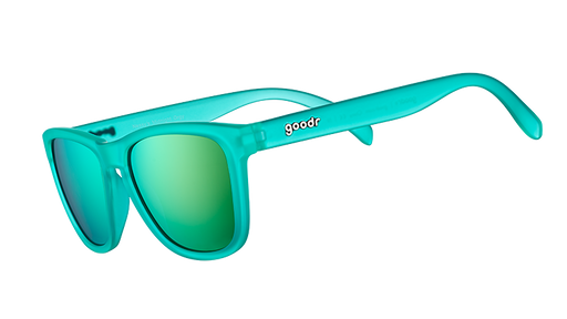 Vue de trois quarts d'angle de lunettes de soleil sarcelle de forme carrée avec des verres polarisants réfléchissants sarcelle.